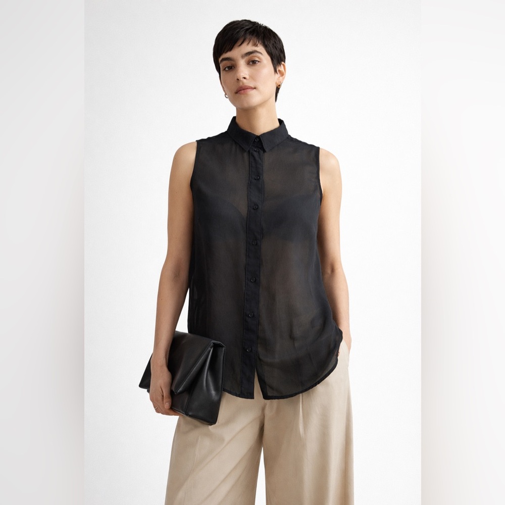 H&M - Black Sleeveless Semi-sheer Button-Up Top
